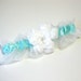 White and Aqua Bridal Garter with White Silk Flower Trim, wedding garter.