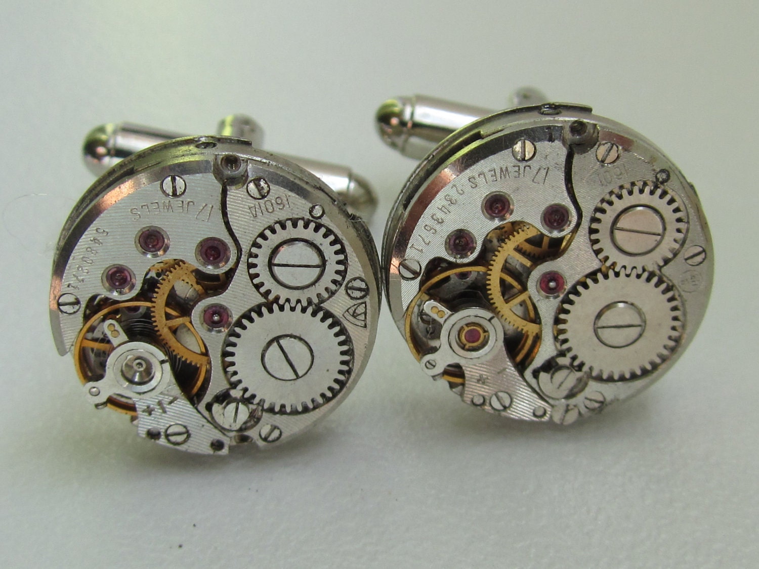 Steampunk Cufflinks with the smallest round vintage watch movements. Vintage upcycled mens Cuff Links, Gift under 30 Dollars