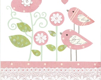 Pink Bird Nursery, pink mint decor, baby girl nursery, Pink Green Flowers, pink bird bedding, 8x10 Print, girls wall art, nursery art print