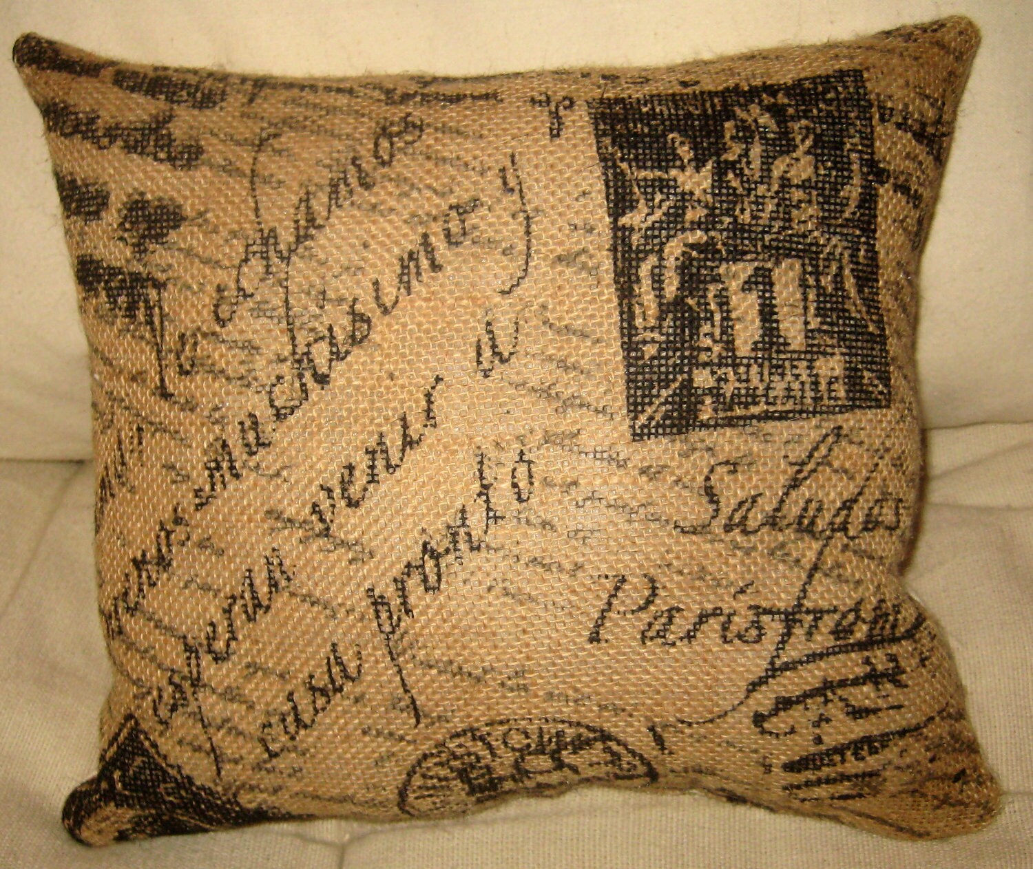 French Script Burlap Pillow French Country Shabby Chic