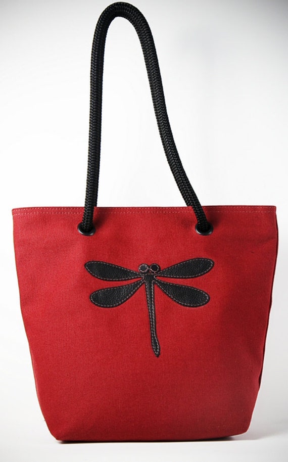 Small canvas tote bag - Red canvas w black dragonfly and red ...