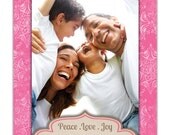 Photo Christmas Card Chic Pink Snowflakes Vertical Photo Holiday Peace Love Joy Greeting Card DIY Digital or Printed - Cameron style Il_170x135