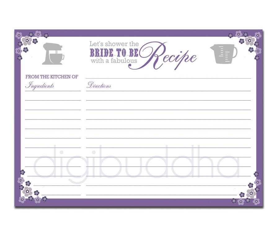 registry favorite items wedding Recipe Shower 4x6 5x7 Bridal Printable DIY Floral Card Purple