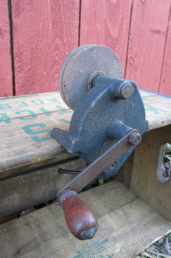 Antique Knife Sharpener Hand Crank Stone Wheel Tool