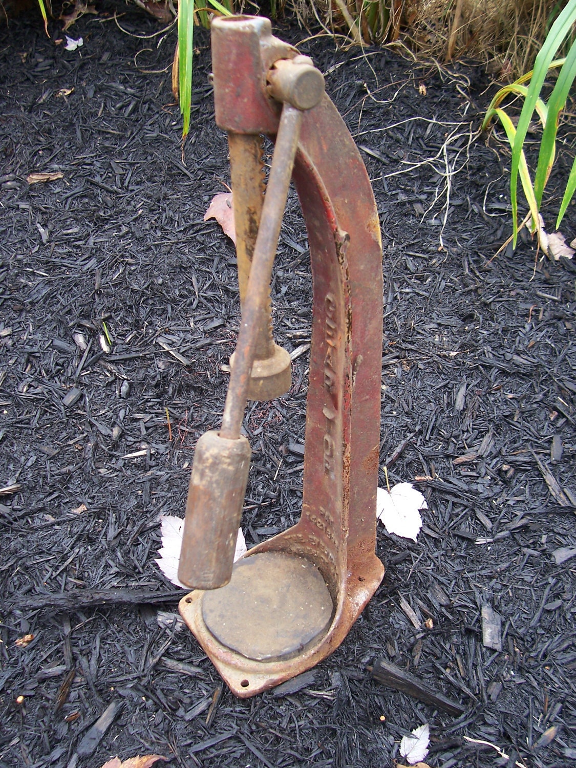 Old Bottle Cap Press Machine Iron Wood Handle Rusty and Red