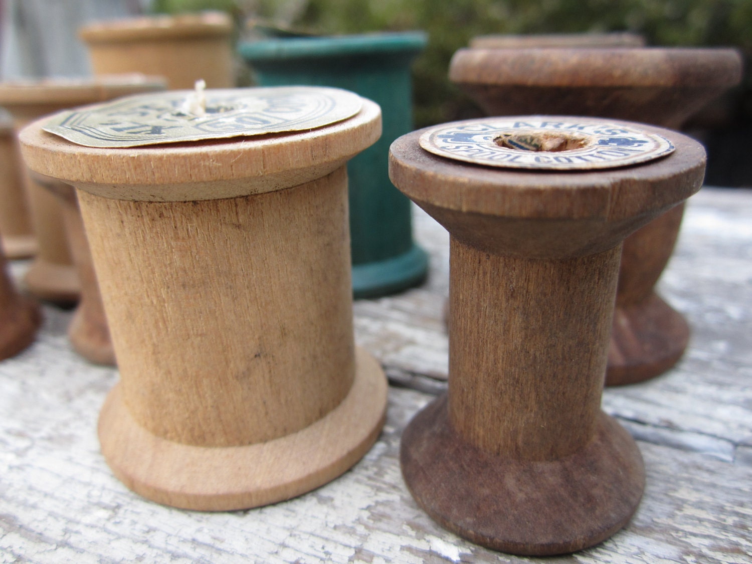 12 Vintage Antique Wood Sewing Thread Spools by
