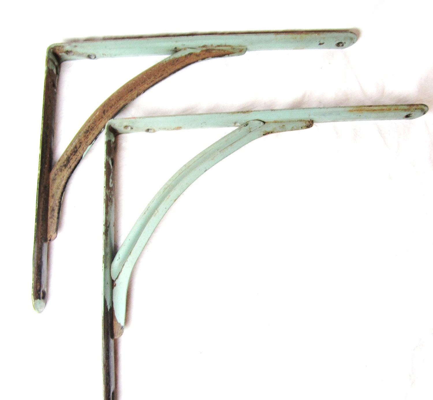 Metal Shelf Brackets Antique Set of 2 Old Rusted Chippy Blue