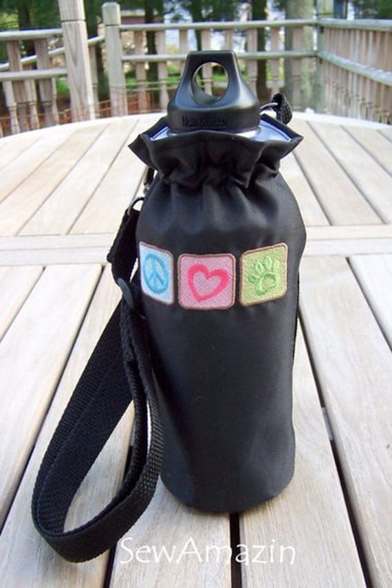 Peace Love Rescue Embroidered Water Bottle Carrier with adjustable removable strap