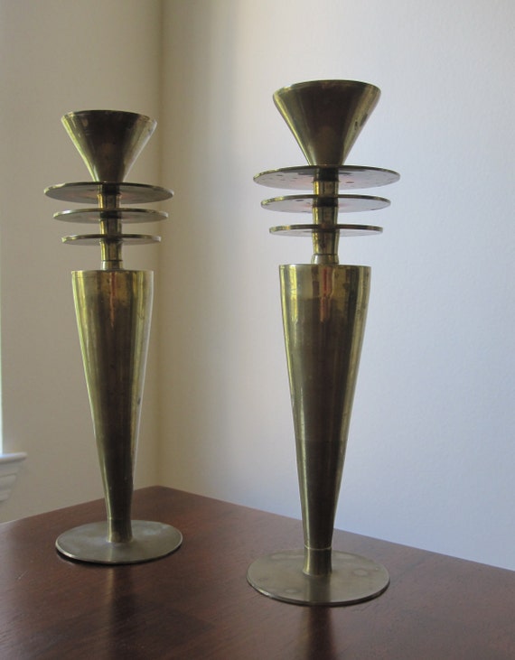 vintage Art Deco Brass Candle Holders Mid Century Modern.
