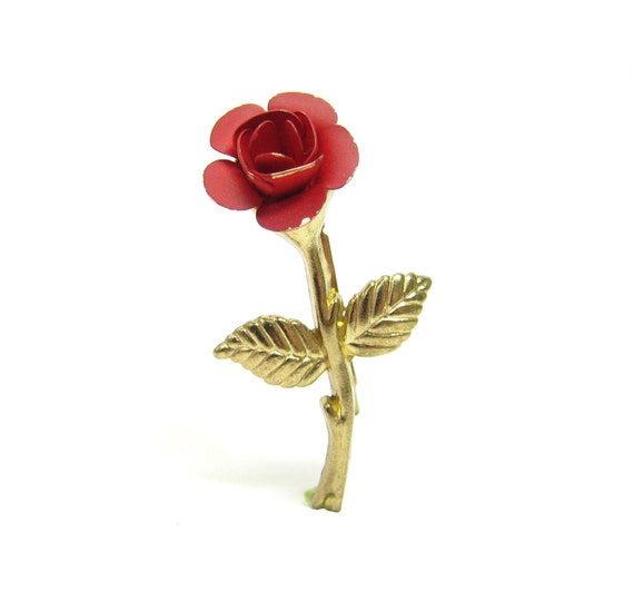 Red Rose Brooch Vintage Pin Long Stemmed Enamel Rose Gold