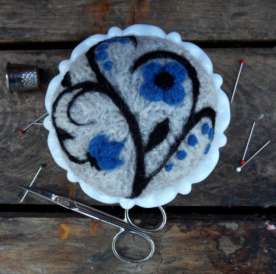 Hand felted needle felted pin cushion in vintage by