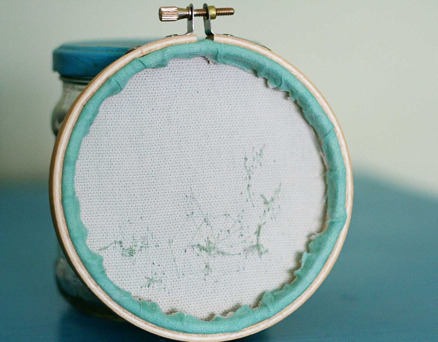 Mint vintage fabric embroidery hoop / white flower home decor