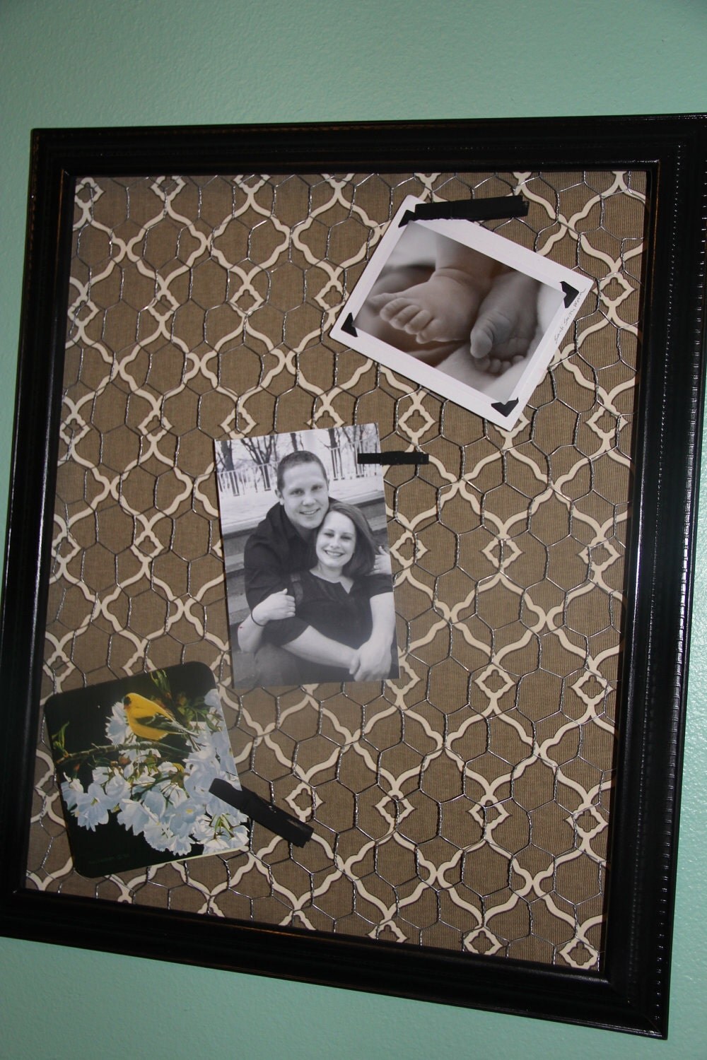 Chicken Wire Memo Board in Black Lacquer and Art Deco Fabric