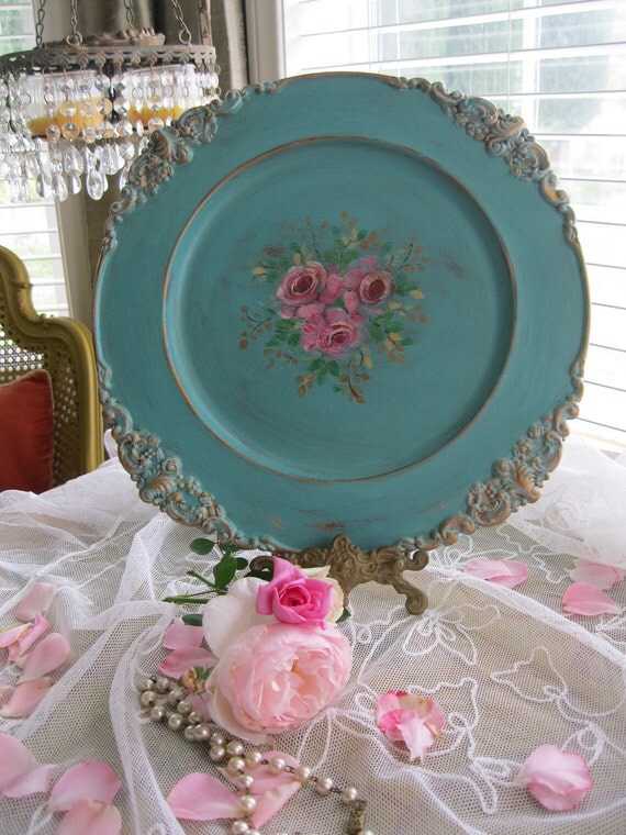 Turquoise Serving Tray Tea Party Hand Painted Shabby
