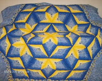 Diamond Log Cabin Star quilt in blues and yellows