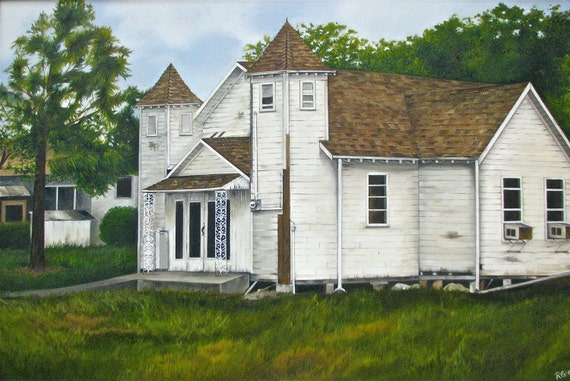 Items similar to Oil painting of an old white church - 