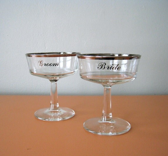 Vintage Bride and Groom Champagne Glasses by behindtheorangedoor