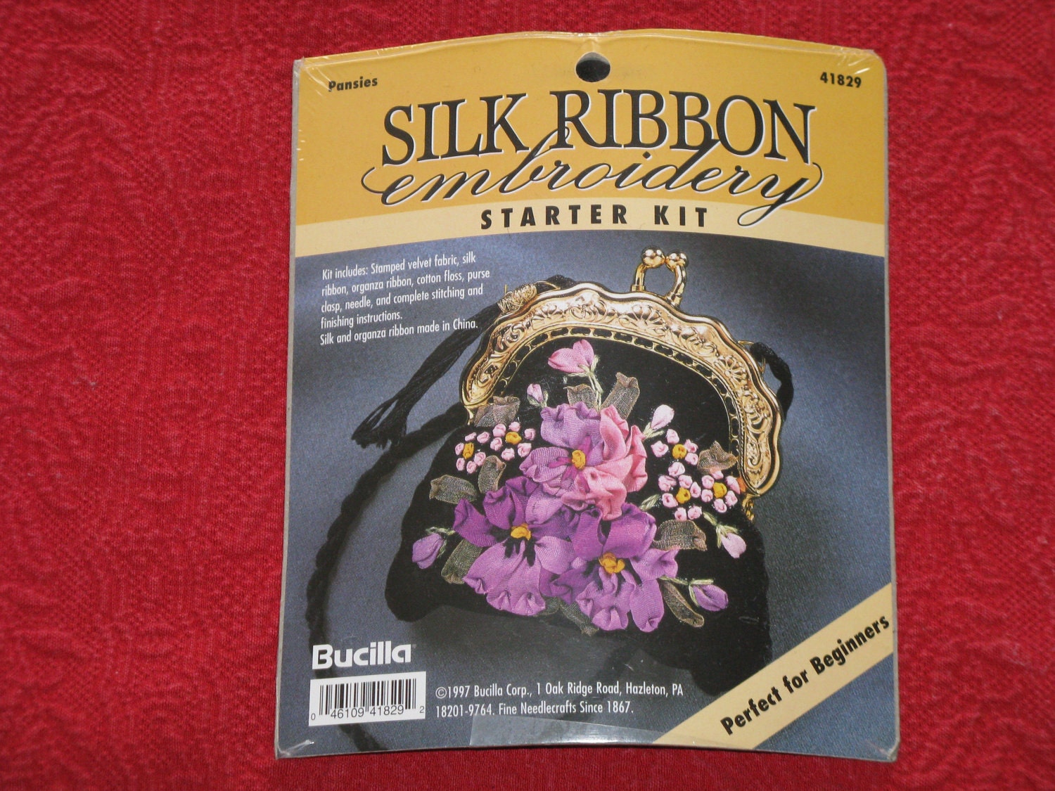 Bucilla Silk Ribbon Embroidery Purse Kit Pansies New and