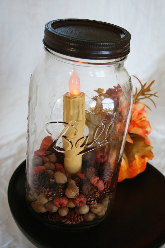 Items similar to Fall Mason Jar, Autumn Lighted Jar, Candle, Acorns