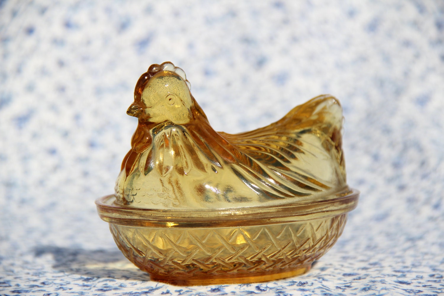 Amber Glass Hen On Nest Salt Dip Or Trinket Box Covered Candy