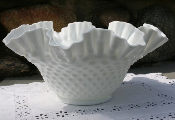 Vintage Fenton Milk Glass Bowl Hobnail Ruffled Edge