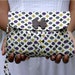 Retro Polka dot wristlet , pleated purse purple and mustard yellow with bow wooden button - Ready to ship