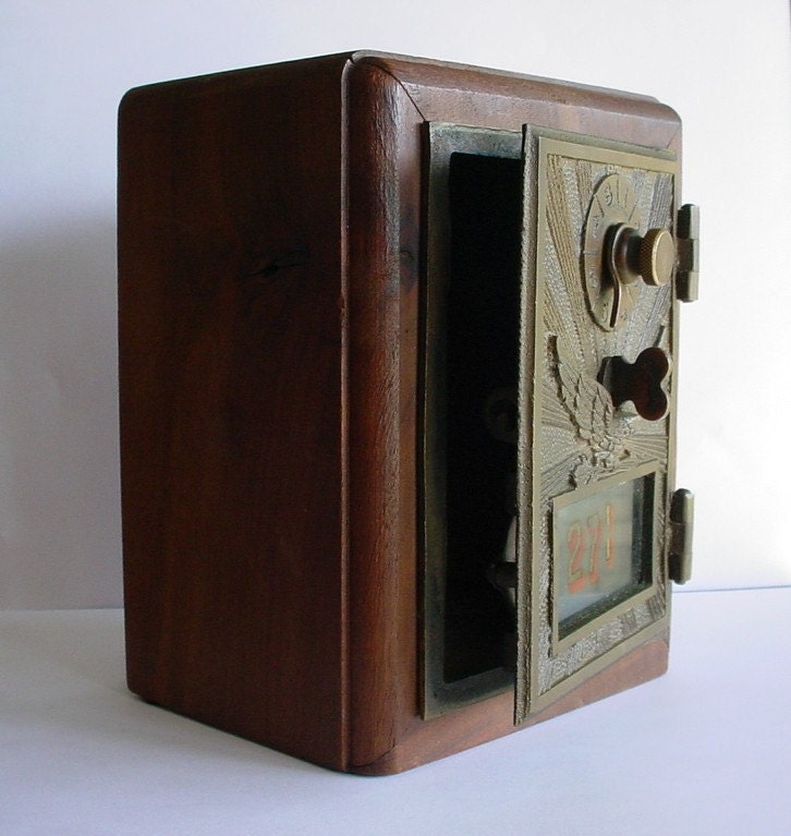 Brass Post Office Mailbox Coin Bank Vintage Manual Lock
