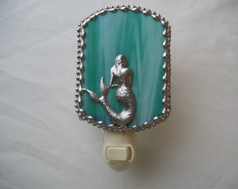 Stained Glass|Mermaid Nightlight|Stained Glass Nightlight|Teal|Mermaid|Home & Living|Lighting|Night Lights|Handcrafted|Made in USA