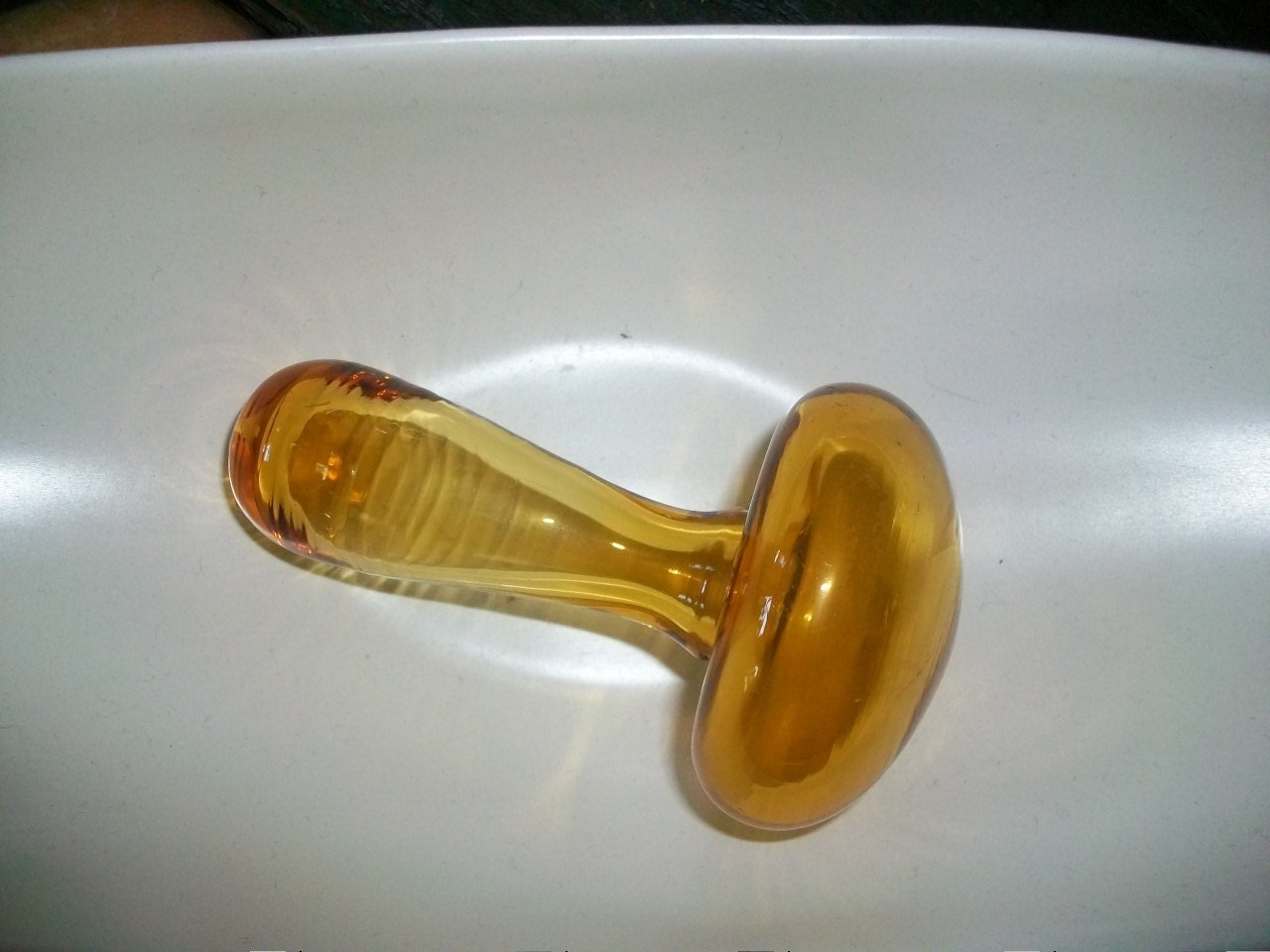Vintage Glass Sock Darning Egg Amber Mushroom Shaped