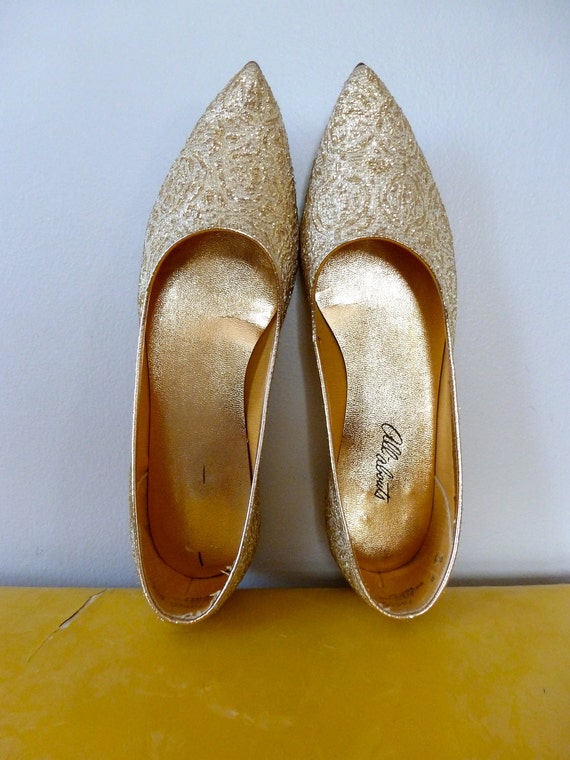 60's Gold Flats Metallic Brocade Genie Pointed Toe Shoes