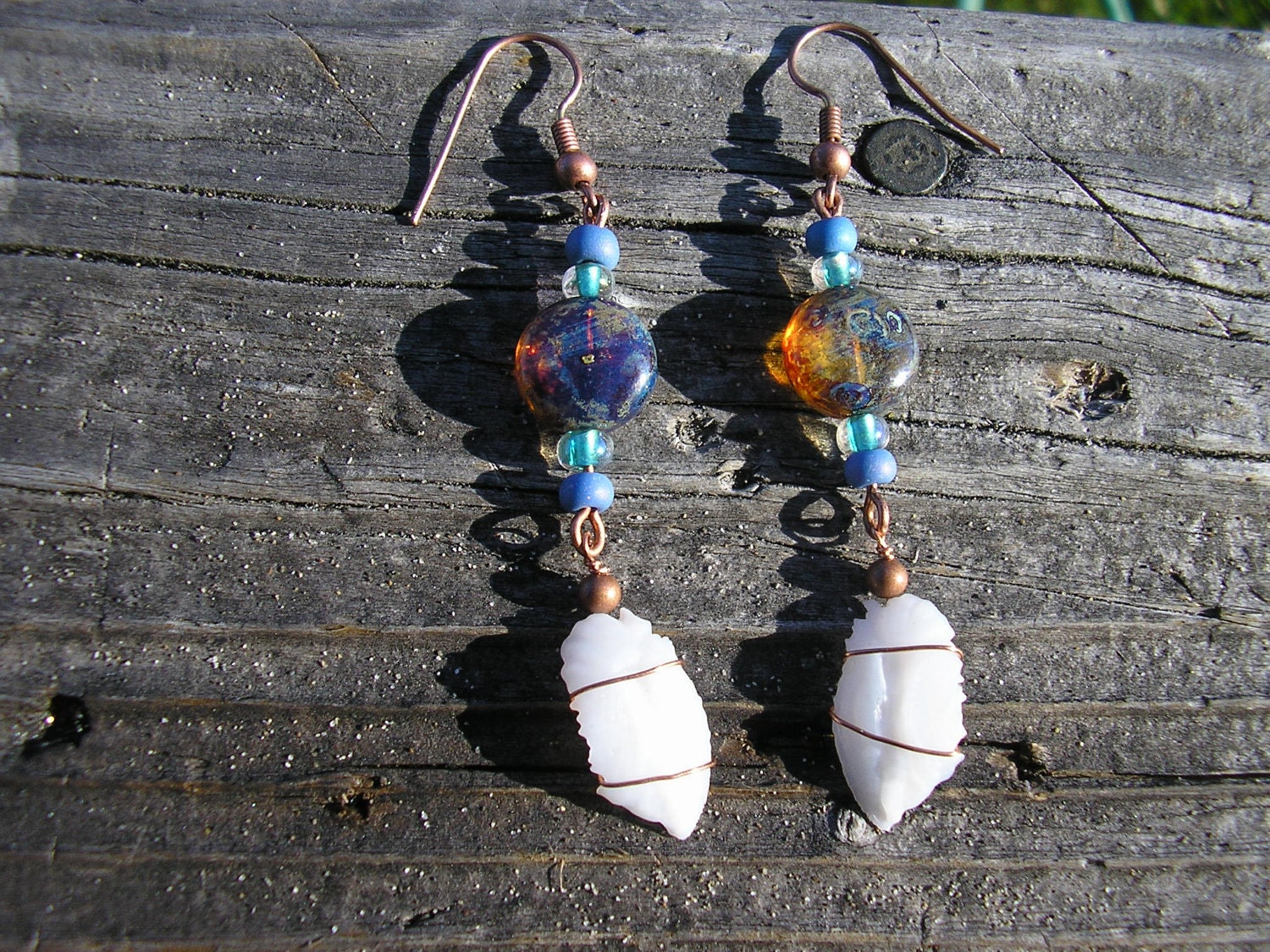 Otolith Earrings Vermilion Rockfish copper/beaded by bassmandan