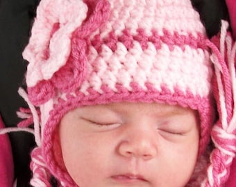 Newborn earflap hat - Crochet Earflap Hat In Pink For Baby Girl