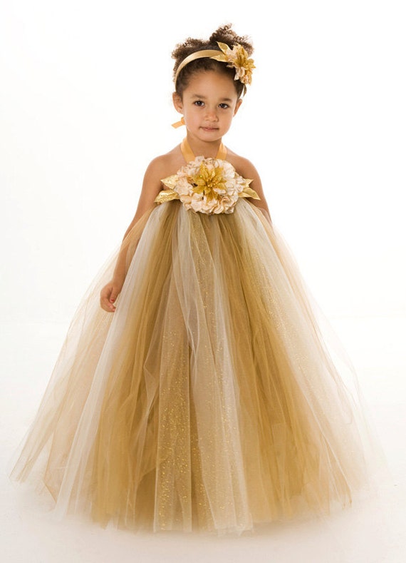 Flower Girl Tutu Dress - Gold & Ivory - Glamorous Gold - 5-6 Youth Girl Il_570xn