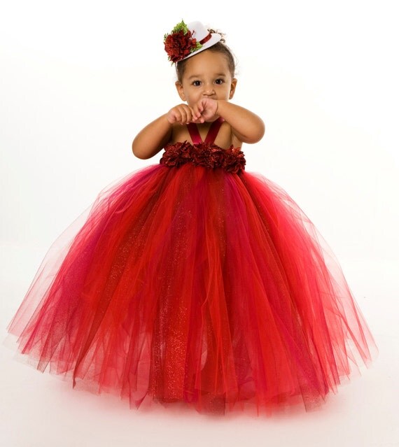 Tutu Dress - Holiday Christmas - Red & Burgundy - Radiant Red Poinsettia - 12 month - 2 Toddler Girl Il_570xn