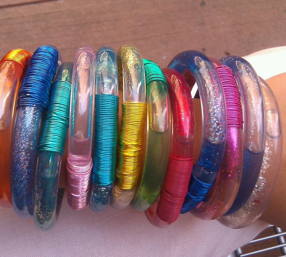 Single Jelly Glitter Liquid Filled Bracelet hand wirewrapped