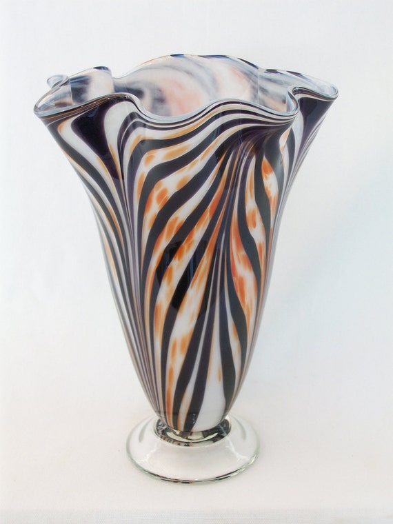 Hand Blown Art Glass Vase Black White And Red