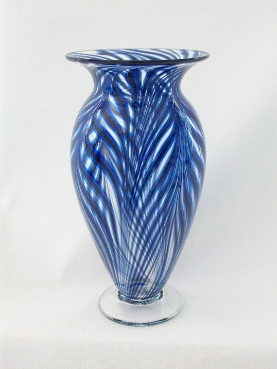 Hand Blown Art Glass Vase Cobalt Blue & Black by ParadiseArtGlass