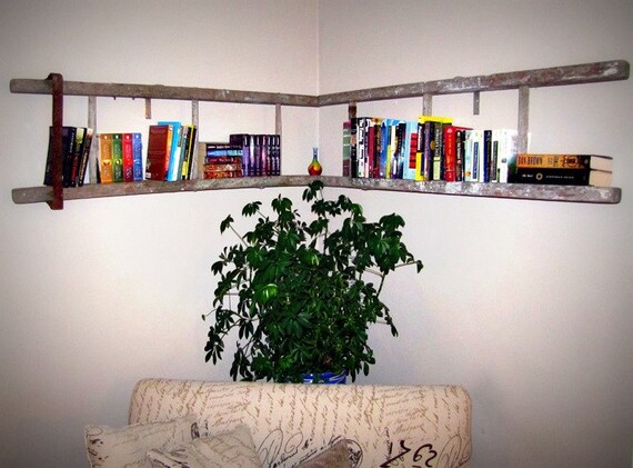 Vintage Wooden Corner Ladder Bookshelf with metal strap