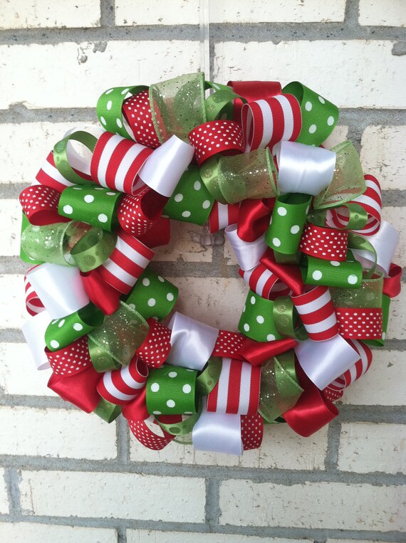 Items similar to Christmas ribbon 10 inch wreath, wreaths, ribbon, home ...