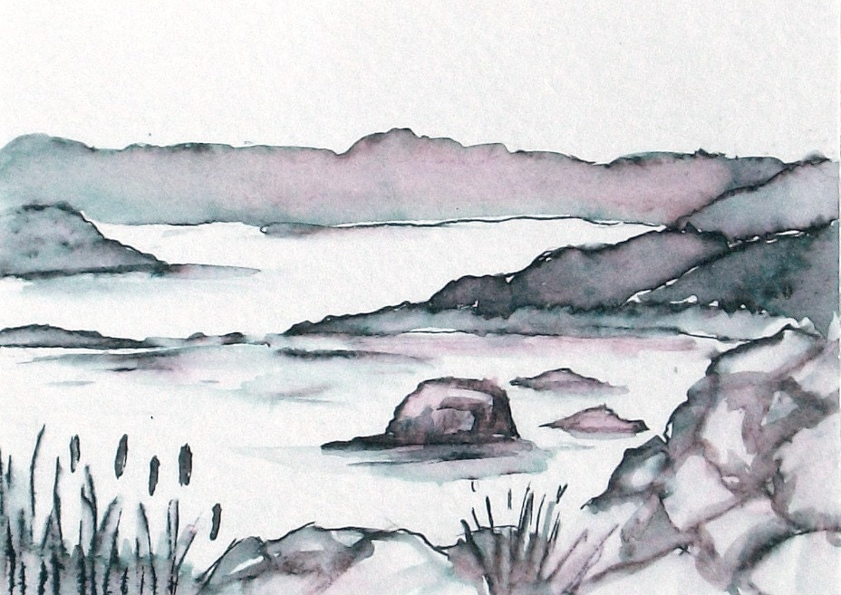 Original Pen And Ink Wash Landscape Painting Nova Scotia Small