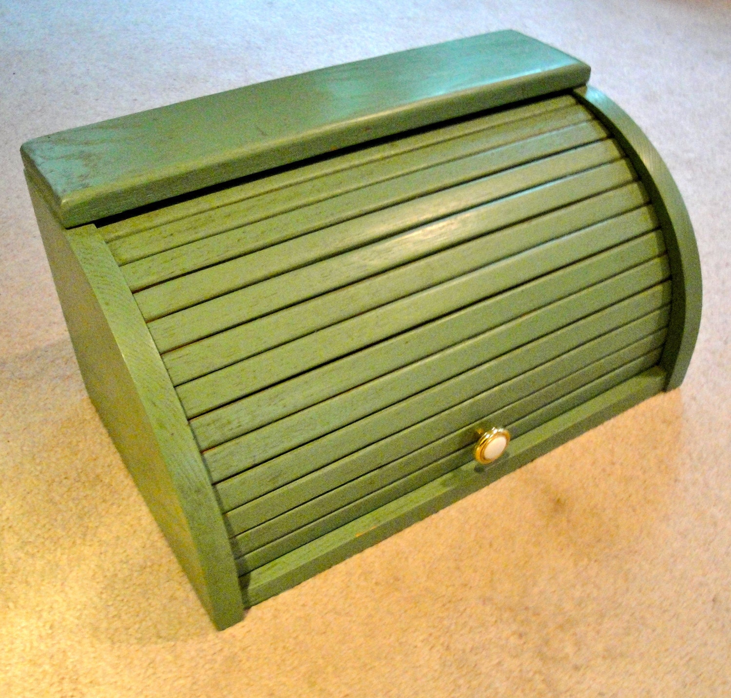 Vintage Green Bread Box Wooden Roll Top Moss