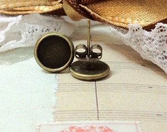 12 mm (fit for 10 mm glass button) Antiqued Bronze Earring Posts With Earring Stoppers. (.sg)