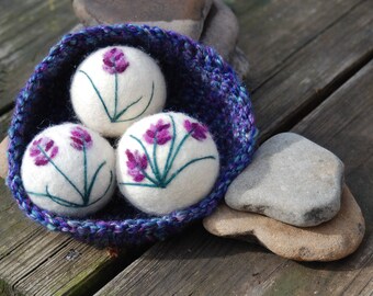 Wool Dryer Balls, Lavender Oil Infused, Sachets, Set of 3 With Crocheted Basket, Eco Friendly, Natural