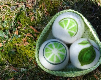 Lime Infused Dryer Balls, Sachet, Lime Green With Crocheted Cotton Bowl, Eco Friendly, Natural