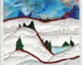 Mini Landscape quilts with little quilt stand or dowel with chord approx 8 1/2 x 11 inches