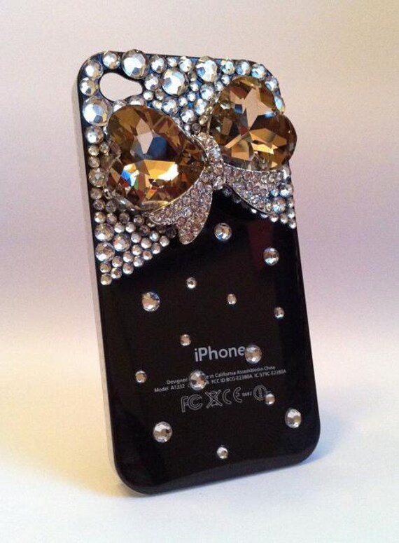 Bling Rhinestone Crystallized Black Phone Case Jewel Bow for