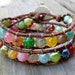 Multi Gemstone Beaded leather wrap bracelet with sterling silver charm, double wrap, colorful bracelet, beach boho jewelry