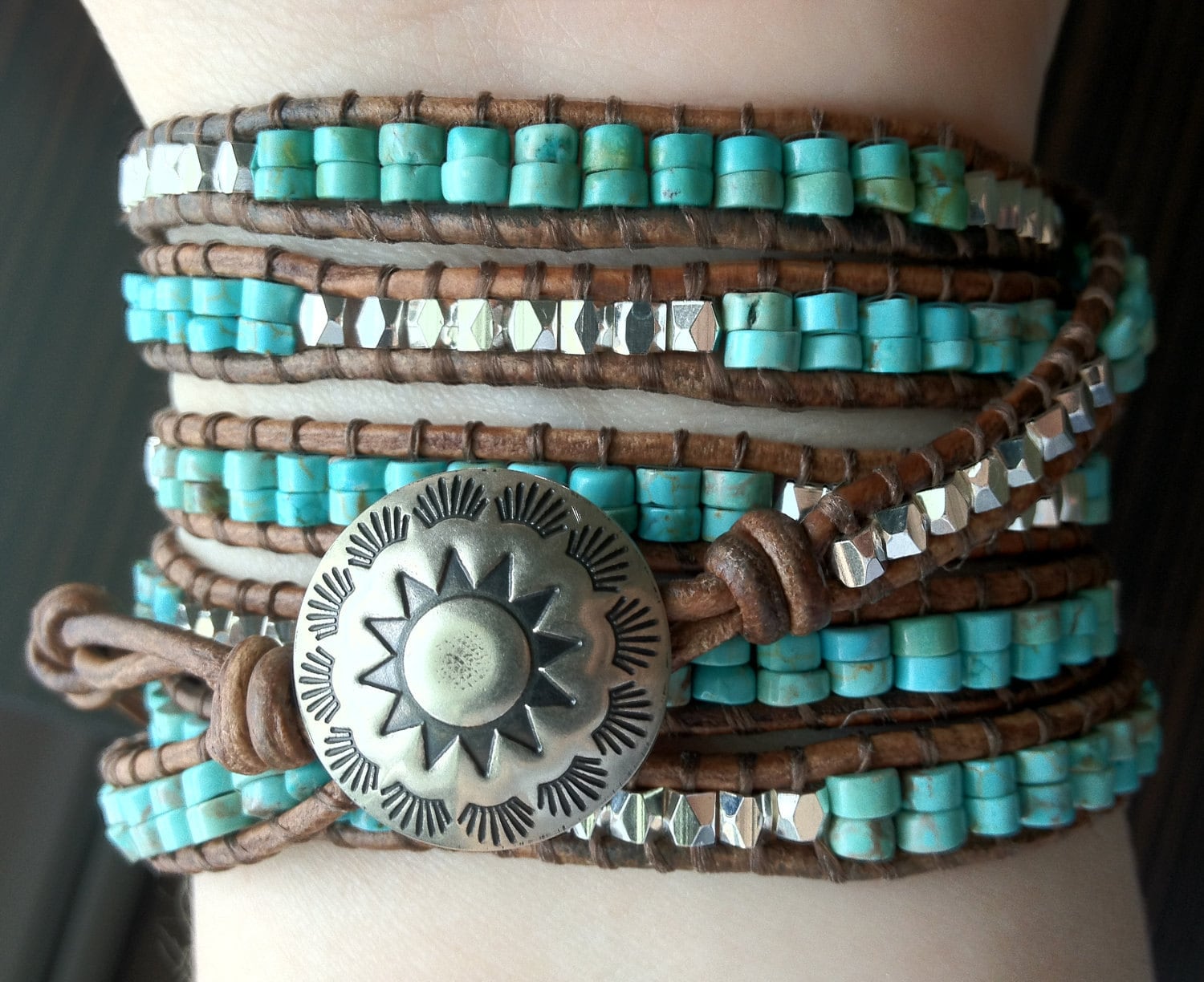 Western Turquoise Beaded Leather Wrap Bracelet Southwestern