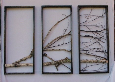 Birch Branch Wall Hanging TriptychOriginal Art Urban Rustic