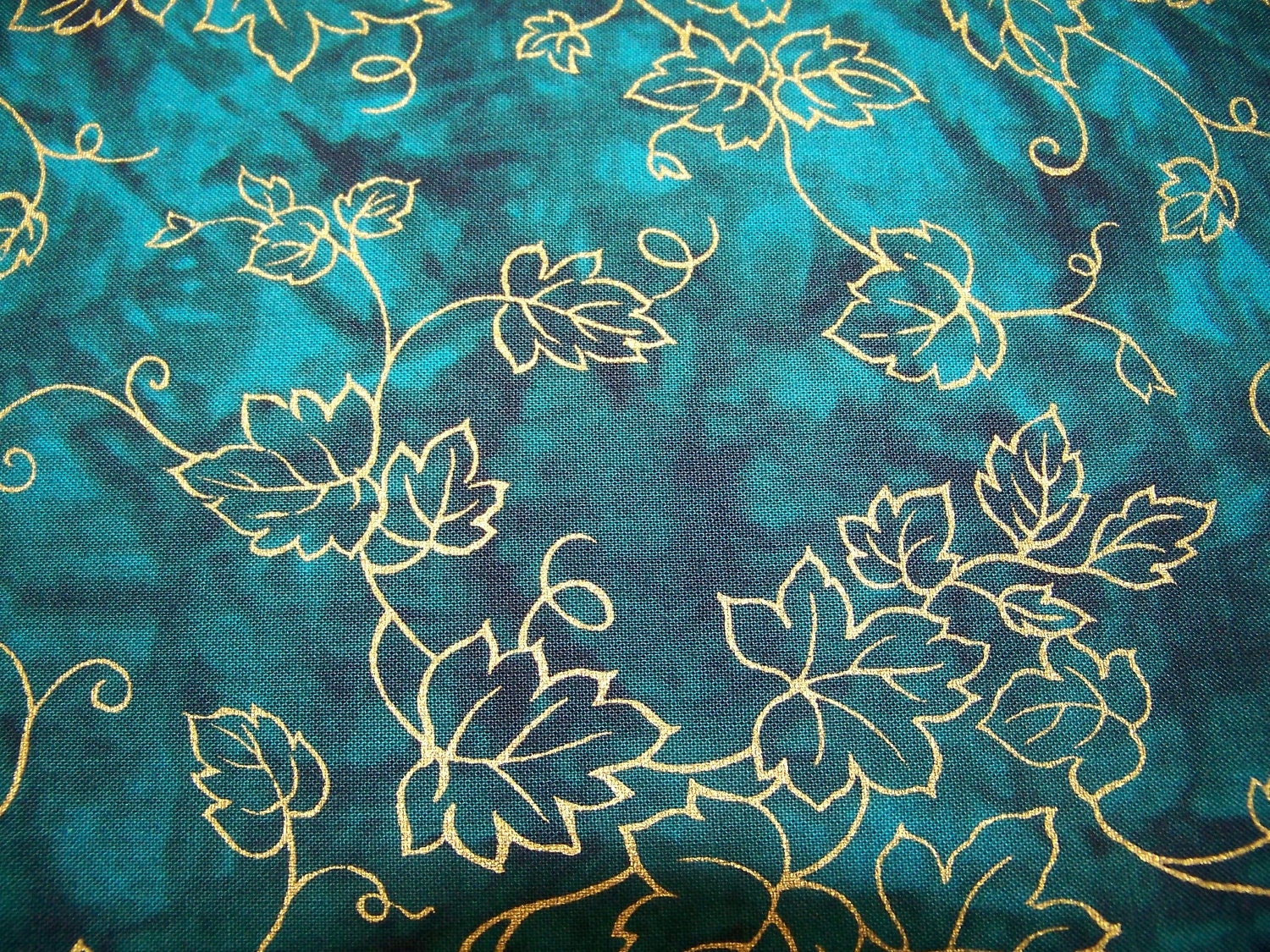Fabric Teal Background with Gold Metallic Leaves for Marcus